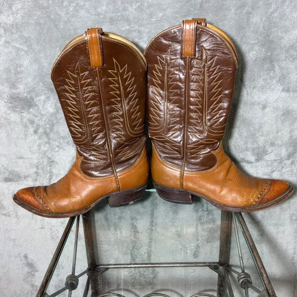 VTG. Tony Lama Boots 6243  Lizard Wingtip Leather Men  7.5E Lemonwood pegs Read*